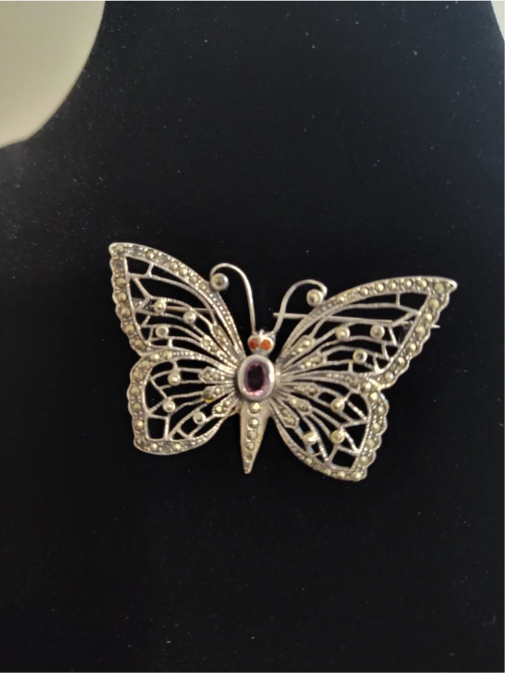 Women's Vintage Sterling Silver Butterfly Brooch with Marcasite and Amethyst